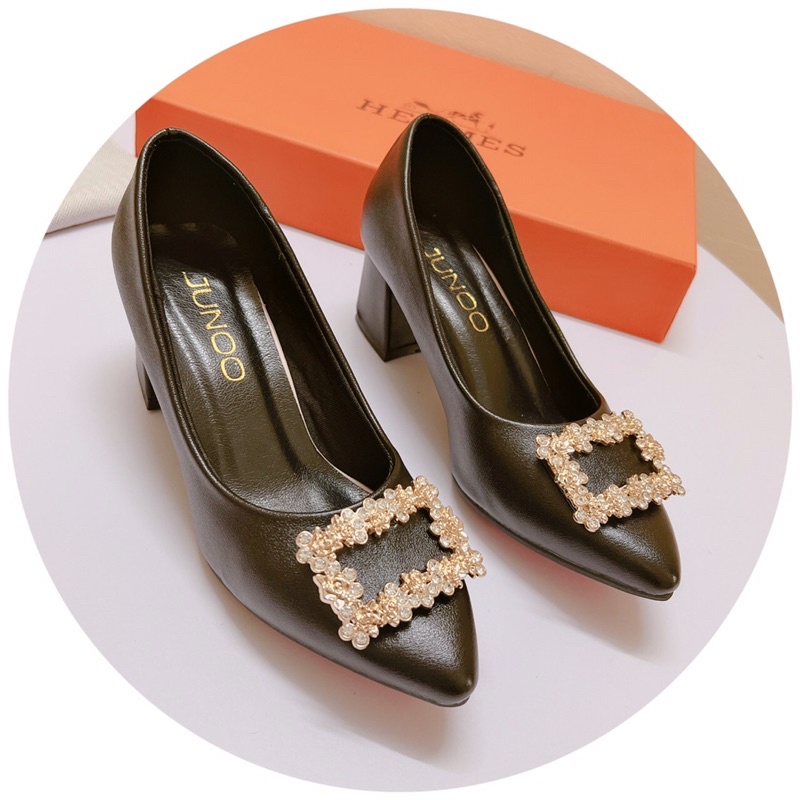 GIÀY CAO GÓT MŨI NHỌN GÓT VUÔNG 6p DA LÌ HOA ĐÃ VUÔNG ĐẸP XUẤT SẮC❤️FREESHIP 50k❤️