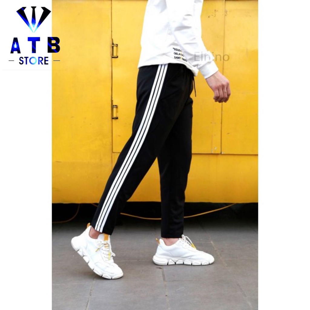 Quần Thể Thao Đen 3 Sọc Đen Trắng, ống suông +ống BO
