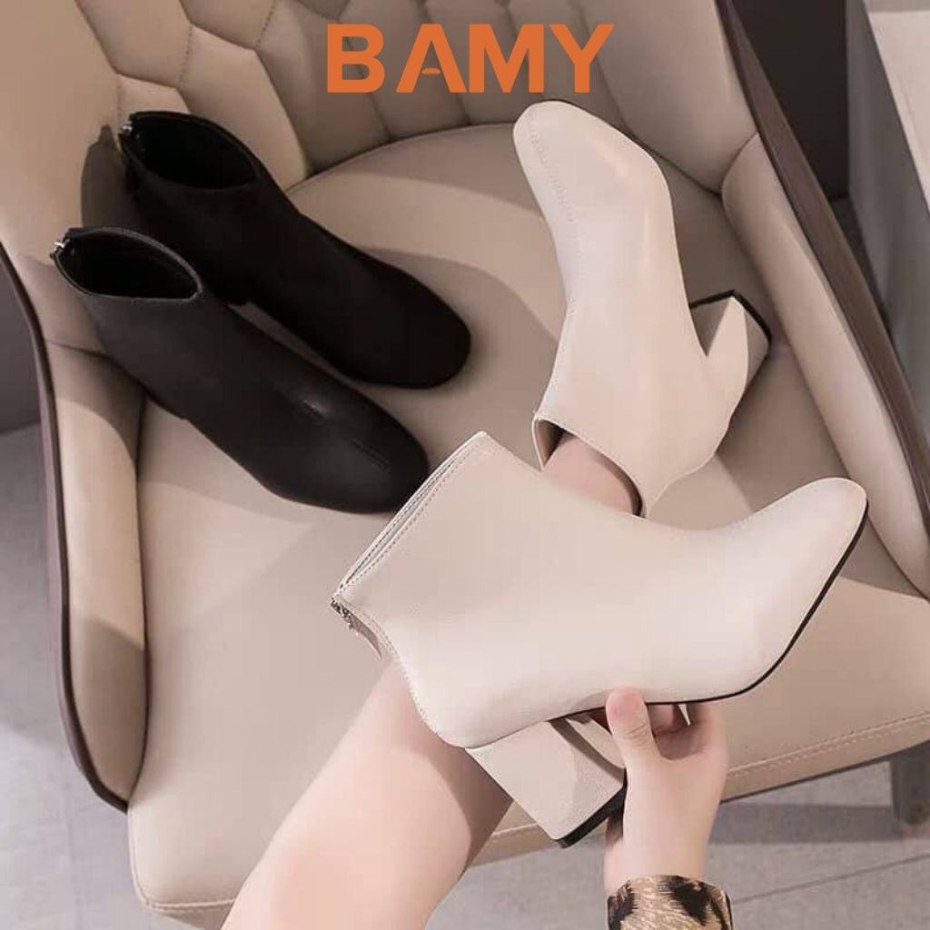 Bốt nữ Hàn Quốc da mềm khóa sau, giày boots ulzzang cao 5 phân