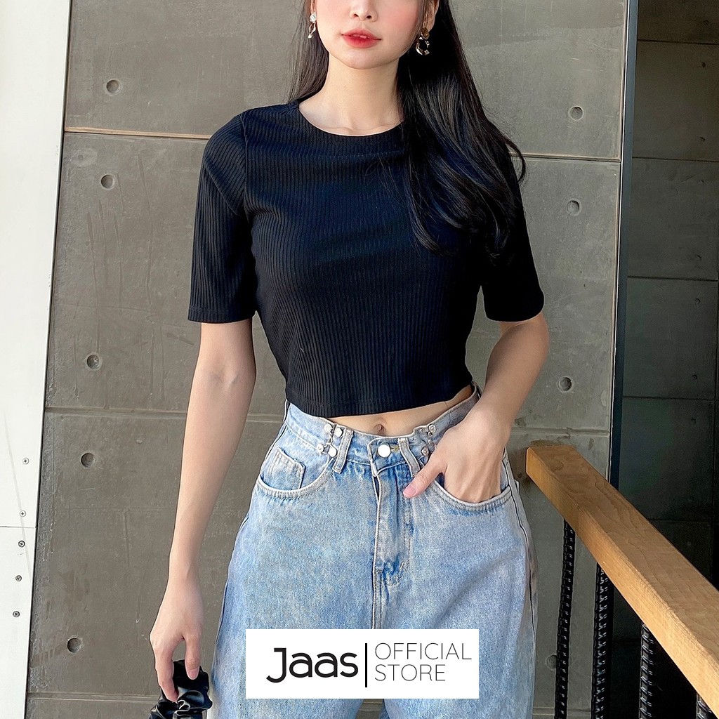 [Mã FAMARAL1 giảm 10K đơn 50K] Áo crop top cổ tròn ngắn tay ôm dáng vải thun gân co giãn