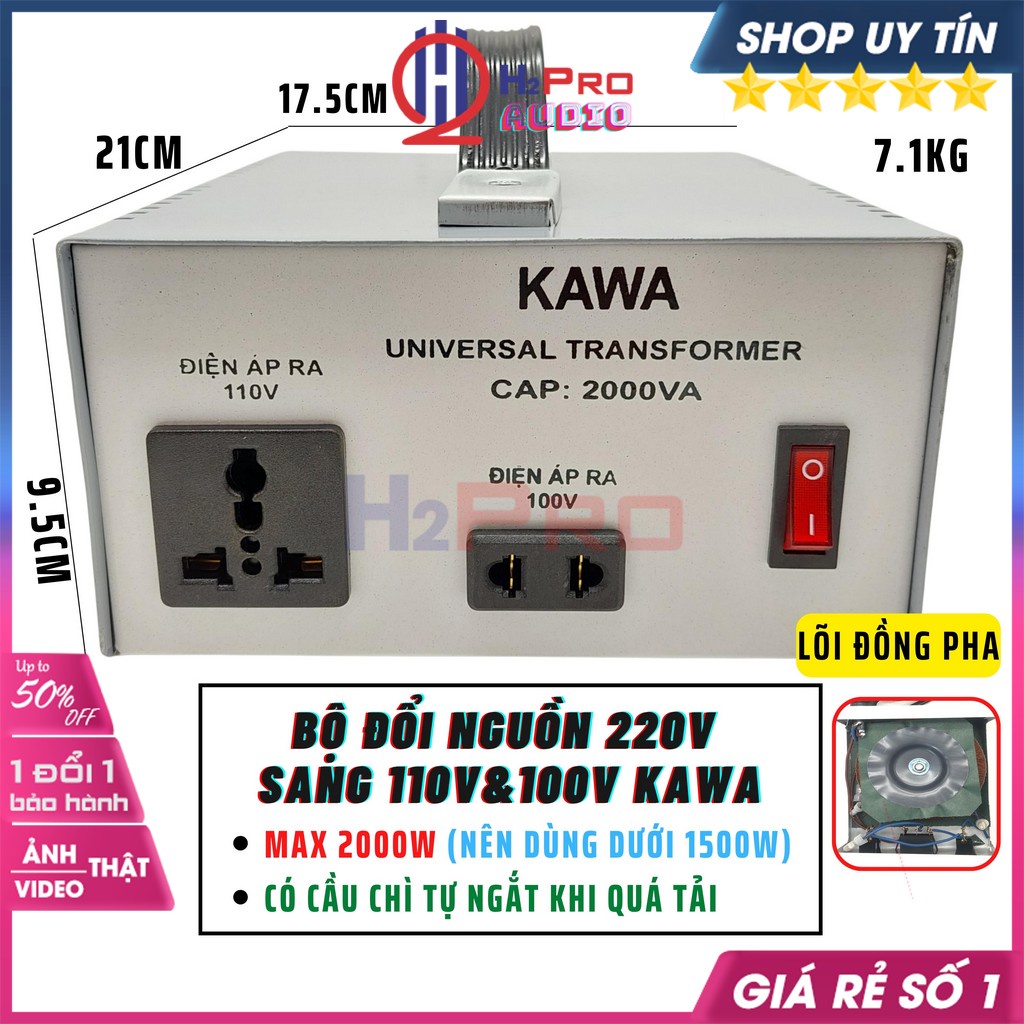 Đổi Nguồn 220V Sang 110V-100V 2000W Kawa, Biến Áp 220V Ra 110V Cao Cấp-Dùng Cho Máy Dưới 1500W-H2Pro Tech