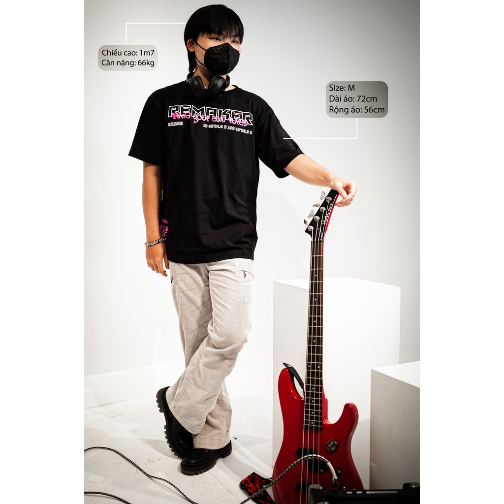 Áo Thun Tay Lỡ REMAKER Pink Night Tee Oversize Unisex - Đen - Local Brand Chính Hãng