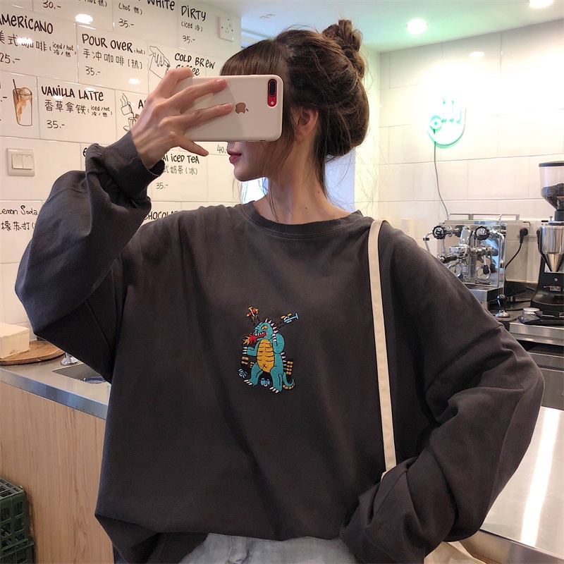 【ZHELIHANGFEI】Áo Thun Sweater Cổ Tròn Tay Dài Dáng Rộng In Họa Tiết Xinh Xắn