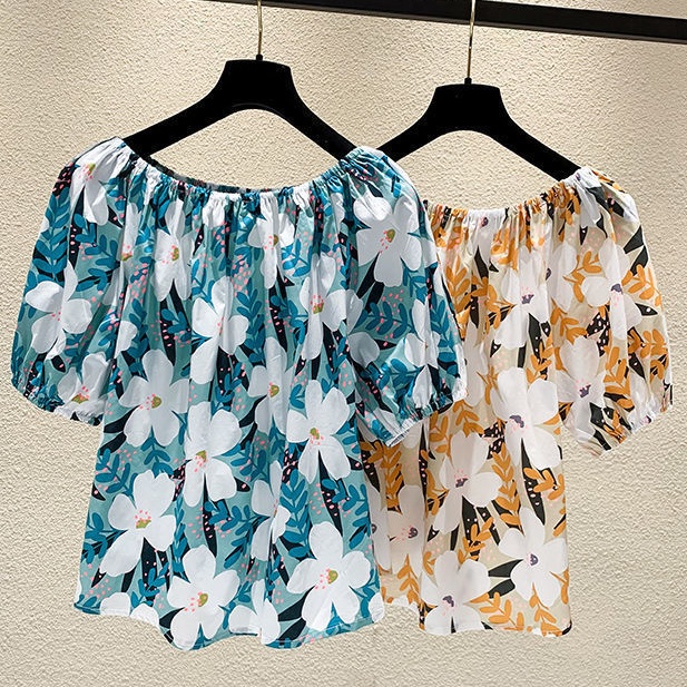 Áo Kiểu Chiffon Ngắn Tay Trễ Vai Cổ Thuyền In Họa Tiết Hoa Phong Cách Retro Thời Trang Quyến Rũ