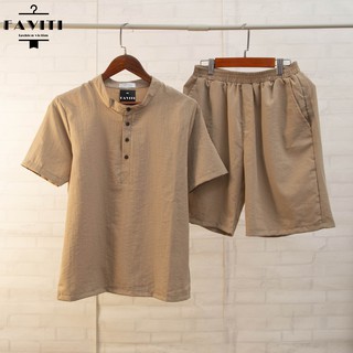 Bộ đũi nam cổ tàu Trendyman Quần đùi cộc và áo cộc tay vải linen thái xuất xịn mặc nhà đồ bộ mặc đi chơi