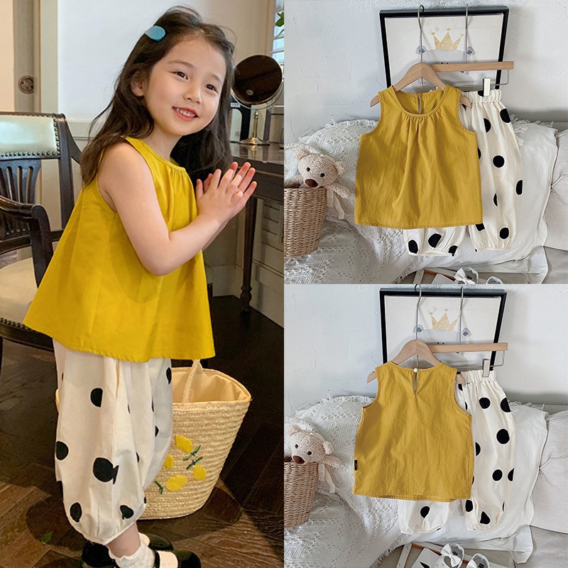 Se7en Bộ Quần Áo Mùa Hè Không Tay Giản Dị Hàn Quốc + Quần Chấm Bi Cho Bé Gái