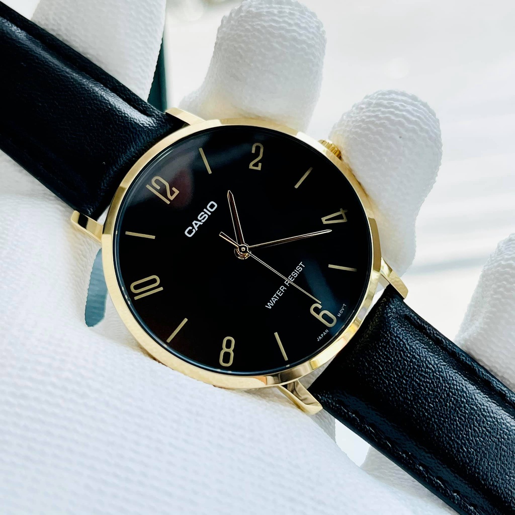 Đồng hồ nam dây da viềng vàng - Mặt đen Casio MTP VT01GL-1B2VDF Bảo hành 1 năm Hyma watch | BigBuy360 - bigbuy360.vn