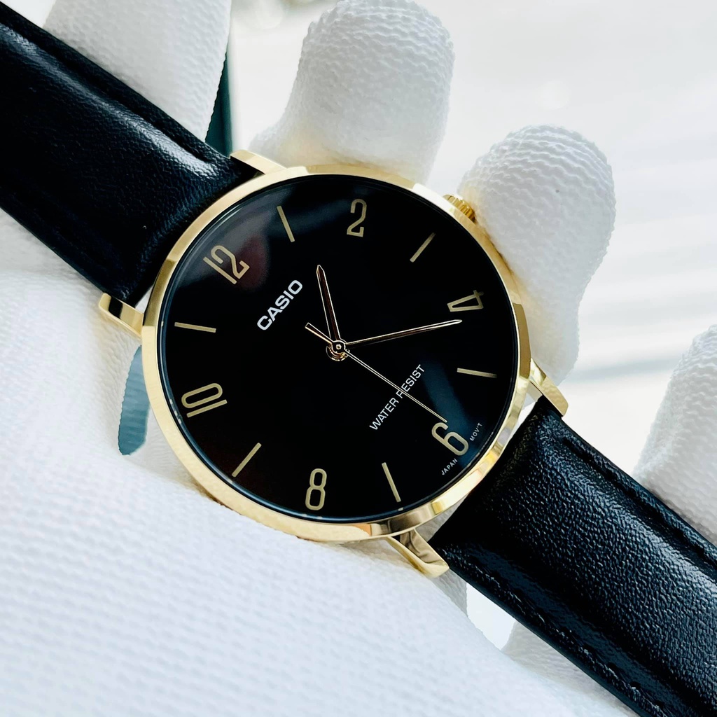 Đồng hồ nam dây da viềng vàng - Mặt đen Casio MTP VT01GL-1B2VDF Bảo hành 1 năm Hyma watch
