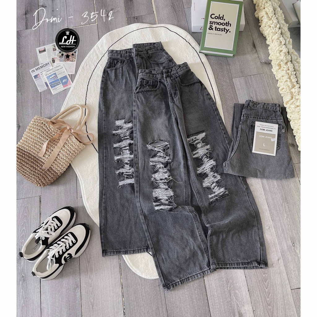 Quần jean nữ ống rộng, quần bò màu xám rách tả tơi siêu cá tính Lê Huy Fashion MS 3542