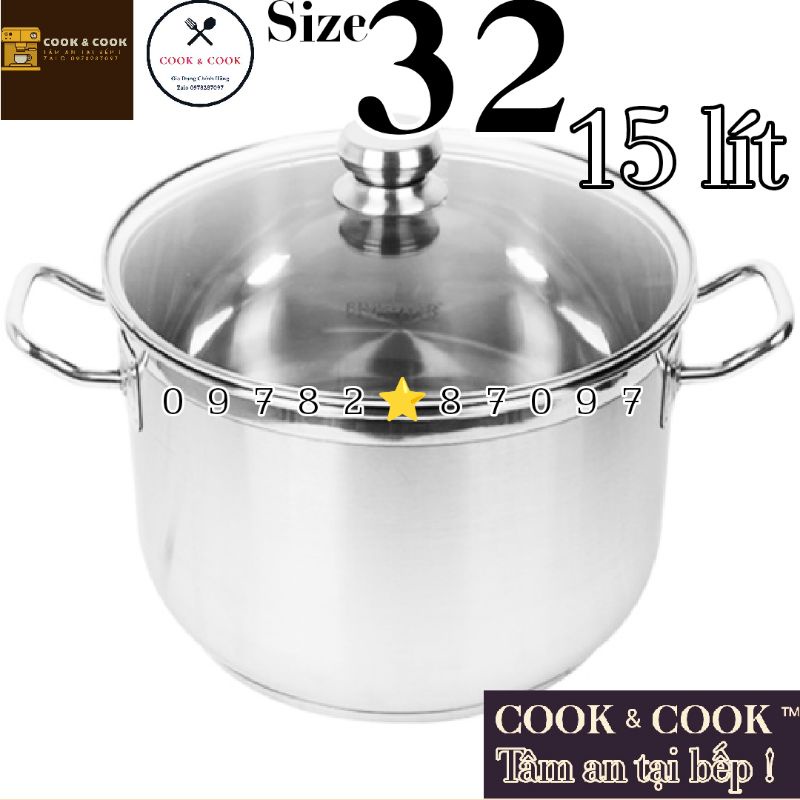 [CHÍNH HÃNG] Nồi luộc gà inox 3 đáy nắp kính size 32 cm VIETCOOK dung tích 15 LÍT sử dụng trên bếp từ