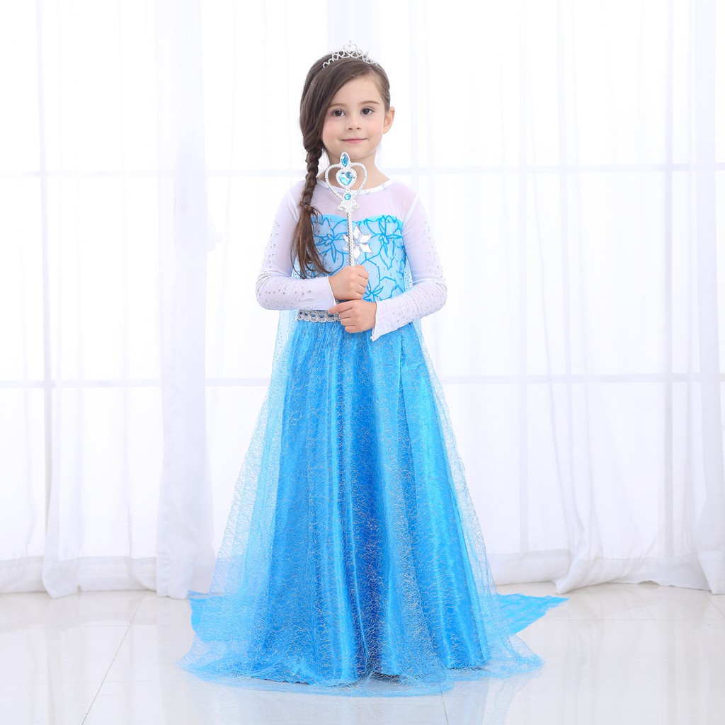 Váy công chúa Elsa màu xanh dáng dài, tà dài cho bé gái 3-8 tuổi AX