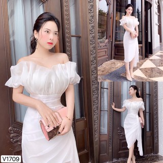 [Mã FATHANG5 giảm 10K đơn 50K] Váy trắng bèo trễ vai V1709 ĐẸP HP DVC ( Ảnh mẫu và ảnh trải sàn do shop tự chụp )