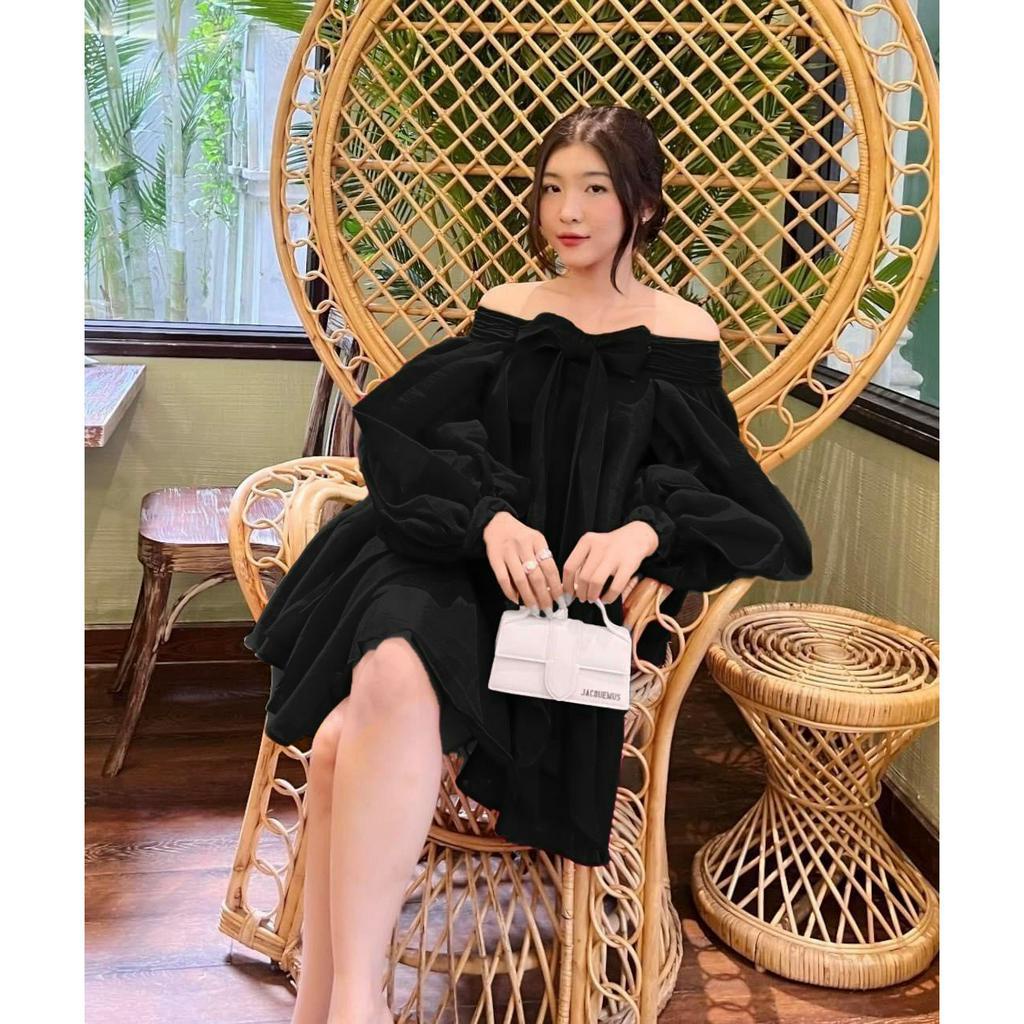 Đầm trễ vai tay phồng phối nơ 3 màu bigsize  n523