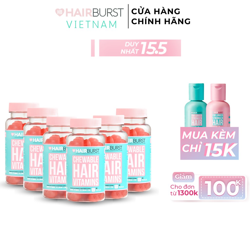 [Mã FMCG100K - 10% đơn 500K] Combo 6 lọ kẹo dẻo vitamin chăm sóc, kích thích mọc tóc HAIRBURST chewable hair vitamins