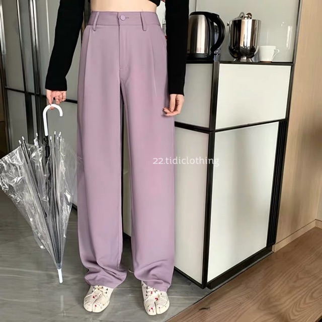 Set áo thun croptop đen và quần ống suông tím ulzzang / quần ống rộng lưng cao culottes
