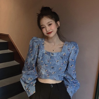 Áo sơ mi denim cổ vuông phong cách Hàn Quốc thời trang cho nữ