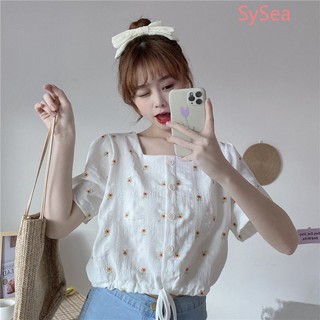 áo kiểu tay ngắn cổ vuông rút eo