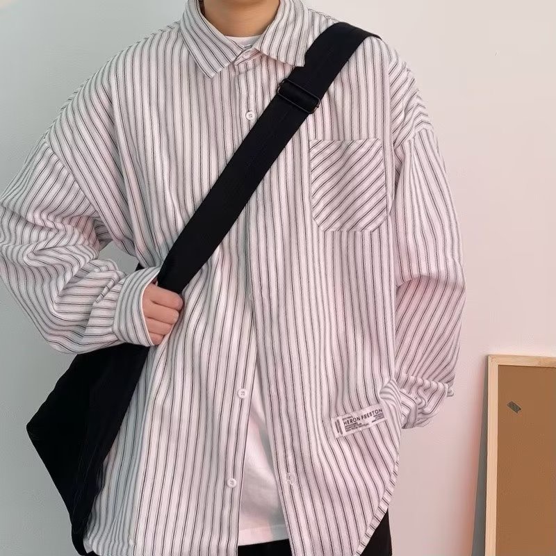 Áo Sơ Mi Nam Dài Tay Dáng Rộng Họa Tiết Kẻ Sọc 3 Màu Tùy Chọn Size 3-3XL Phong Cách Hàn Quốc