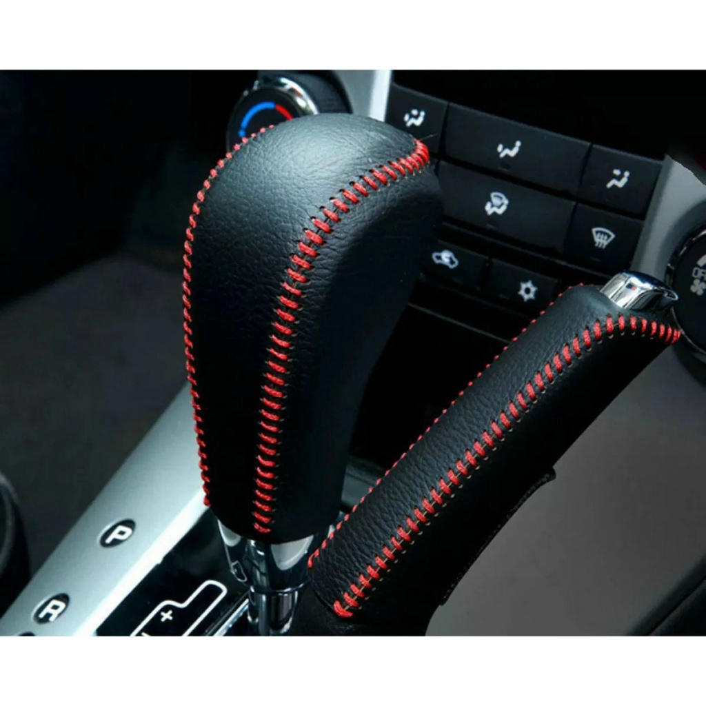 Bọc Da Cần Số Tay Phanh Da Thật Xe Hyundai Creta 2021 2022 2023 Da Đen Chỉ Đỏ, Da Bò Thật, Đường may tinh tế thẩm mỹ