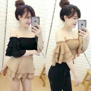 Áo Voan Dập Thun Tay Loe Tầng trễ vai