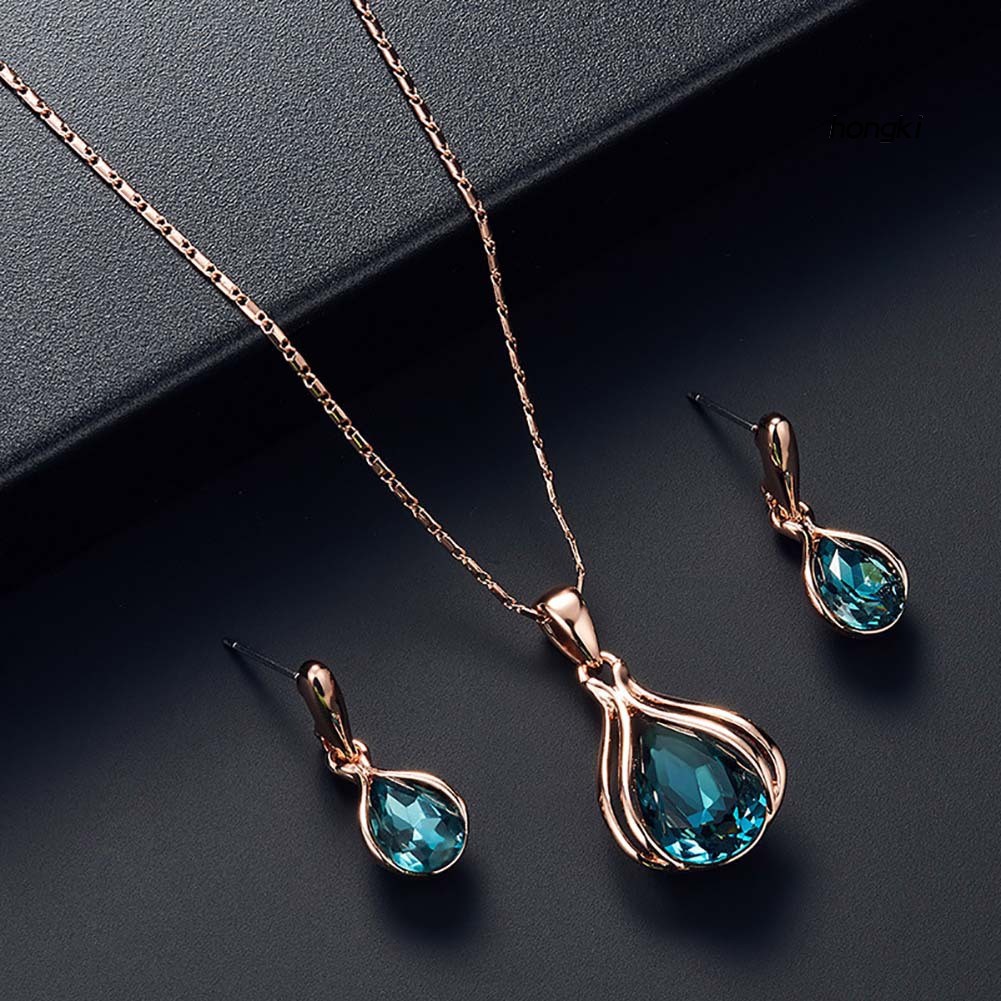 Bộ vòng cổ + bông tai hình giọt nước đính đá zircon cho nữ