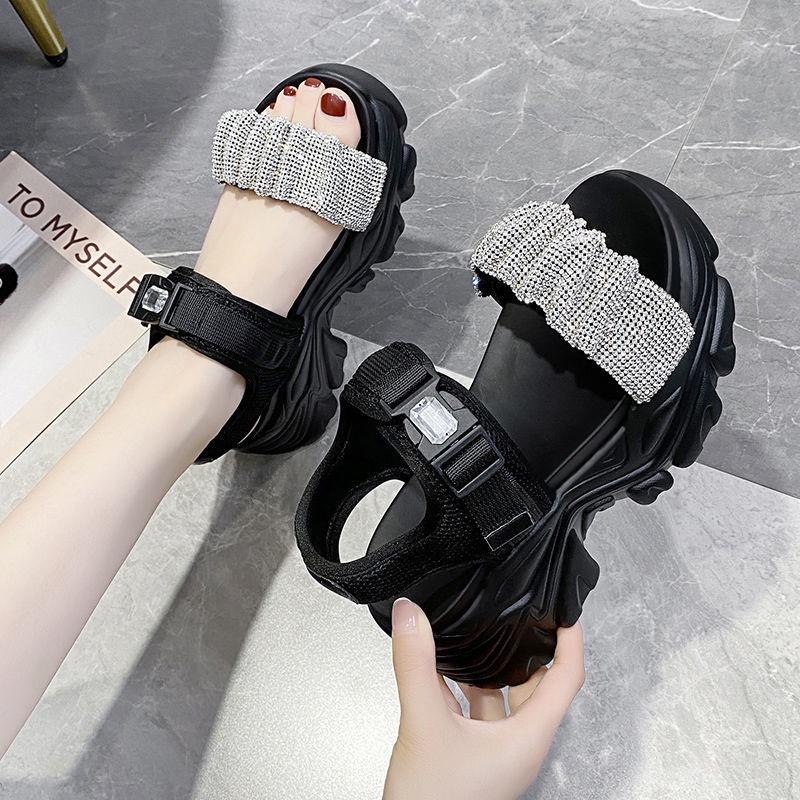 Xăng đan Thể Thao Đế Dày Tăng Chiều Cao Đính Đá Thời Trang Mùa Hè Mới 2022 Cho Nữ