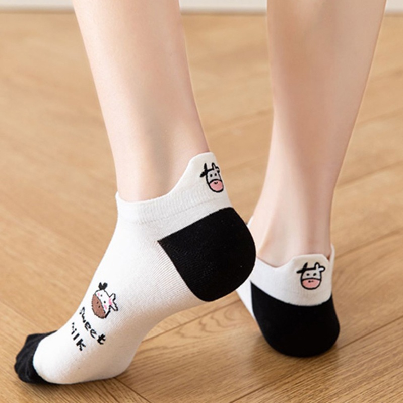 Set 5 Cặp Vớ Cotton Cổ Thấp In Họa Tiết Bò Sữa Hoạt Hình Thời Trang Mùa Hè Cho Nữ