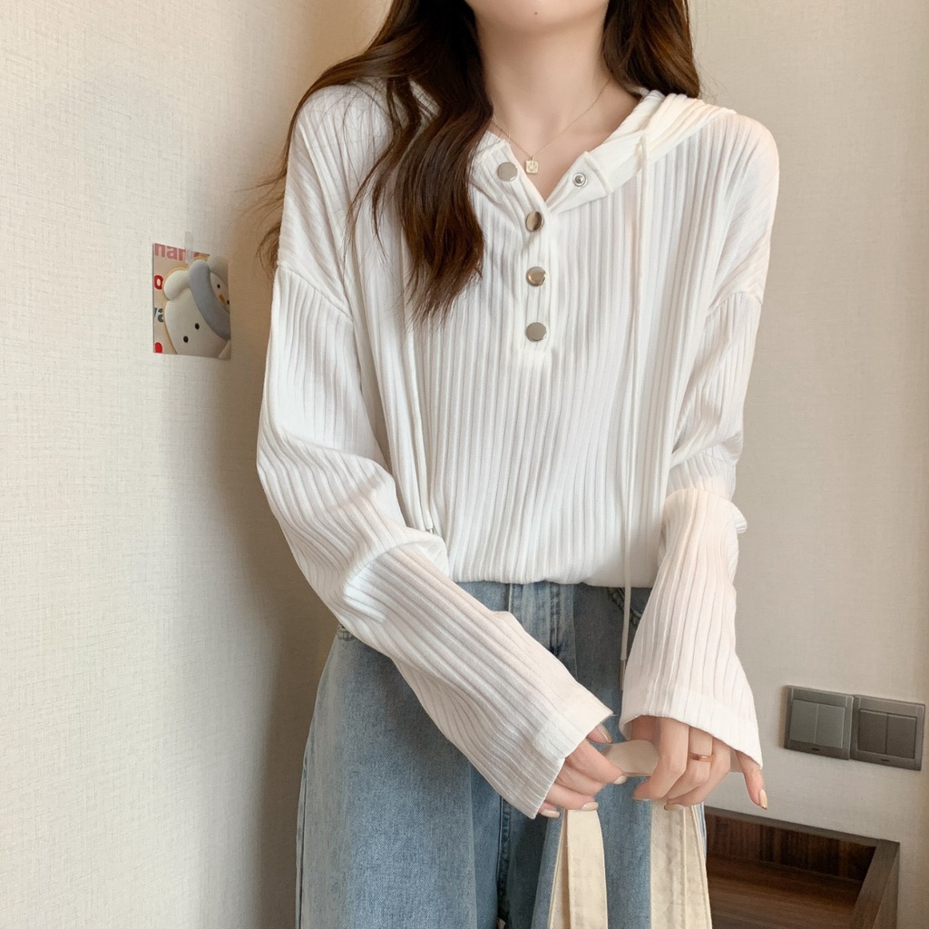 Áo Hoodie Nữ Mỏng Vải Nhung 🦋 Áo Thun Dài Tay Cúc Bấm 🦋 | BigBuy360 - bigbuy360.vn