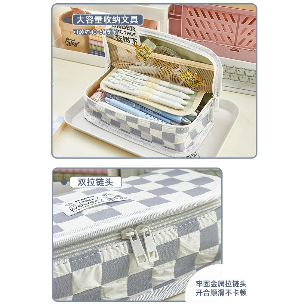 Hộp bút vải canvas sọc Caro túi bút doublle pen case siêu to đa năng đựng bút, mỹ phẩm tiện dụng.