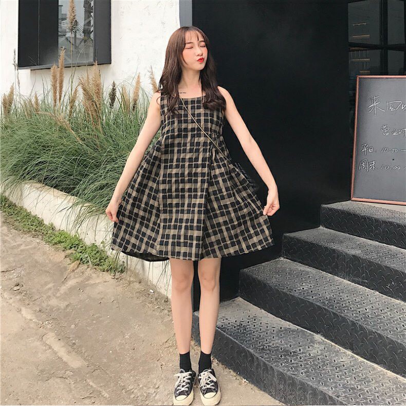 VÁY BABYDOLL HAI DÂY HỌA TIẾT KẺ CARO CỰC XINH