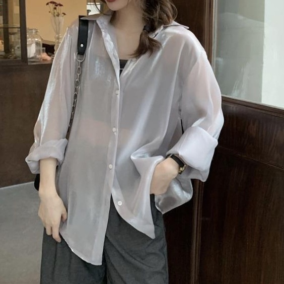 Áo sơ mi voan mỏng nữ, sơ mi cao cấp, áo ngủ sexy dài xuyên thấu, dáng rộng khoác ngoài