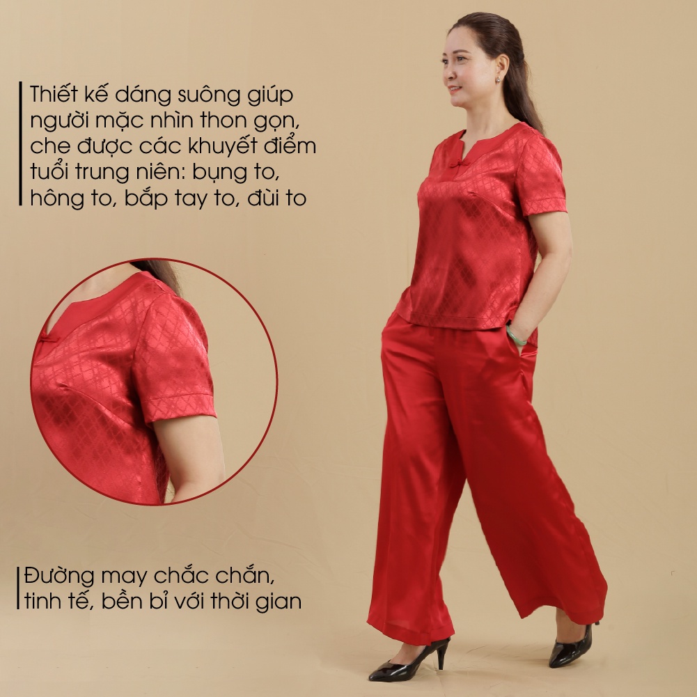 Đồ Bộ Trung Niên Lụa Việt Cao Cấp ANCHI B07 Đỏ Đô, Bộ Mặc Nhà Nữ Quà Tặng Cho Mẹ