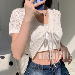 Mu♫Áo Crop Top Đan Len Tay Ngắn Màu Trơn Thời Trang Mùa Hè Cho Nữ