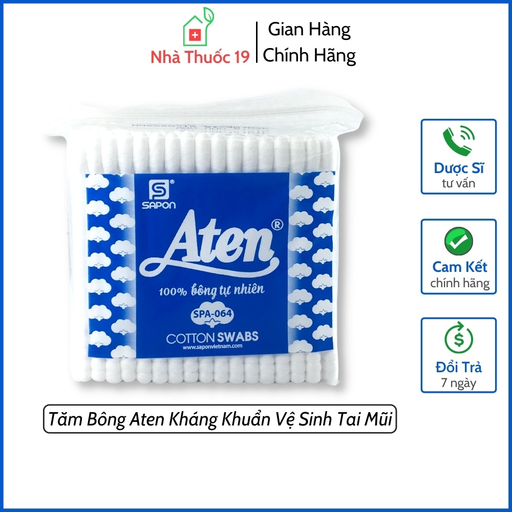 Tăm Bông Aten Kháng Khuẩn Người Lớn Vệ Sinh Tai Mũi, Bông Ngoáy Tai Aten An Toàn Tiêu Chuẩn Thụy Sĩ