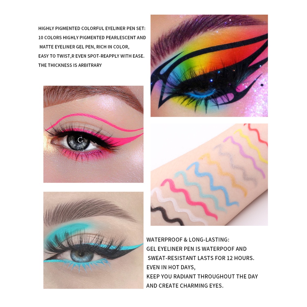 Set 10 Bút Kẻ Mắt Dạng Gel Siêu Mỏng Mềm Mịn Không Thấm Nước Lâu Trôi