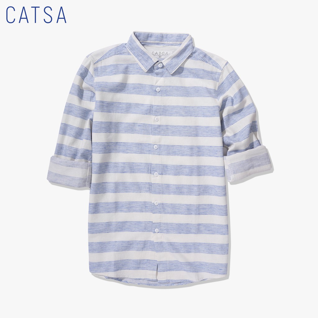 [Mã FAMALLT5 giảm 15% đơn 150K] CATSA Áo sơ mi xanh biển sọc trắng tay dài ASC179