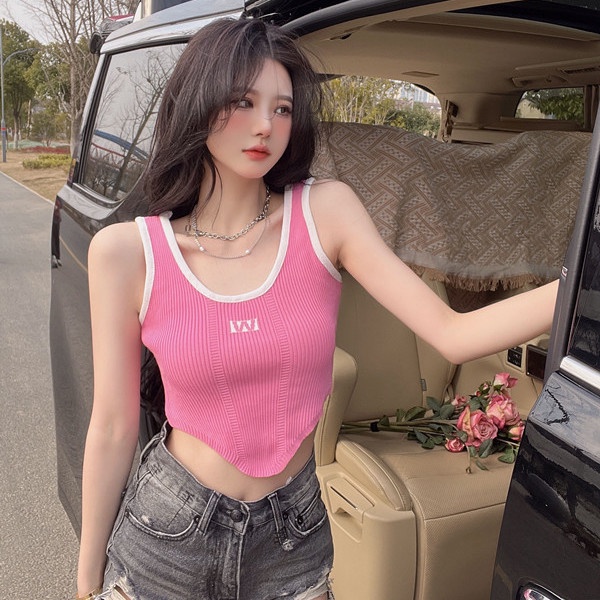 Jiashucheng Áo Dệt Kim Không Tay Màu Hồng Thiết Kế Không Đều Quyến Rũ Cho Nữ