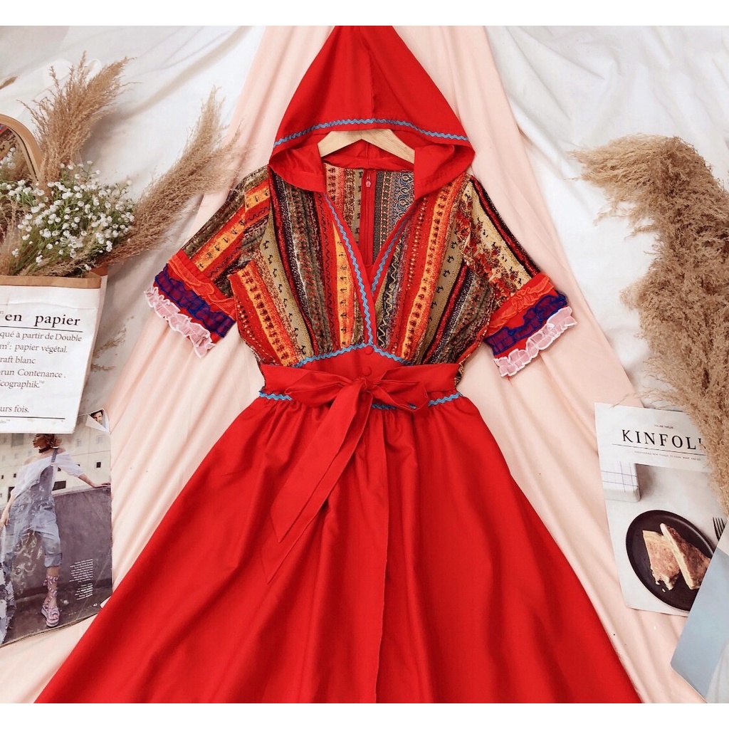 Đầm maxi đi biển phối thổ cẩm có ảnh thật shop chụp