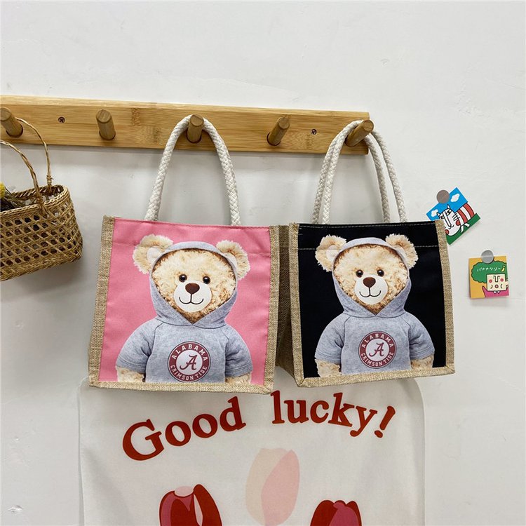 Túi xách tote đan sợi cói cotton lanh trang trí gấu cỡ nhỏ dễ thương