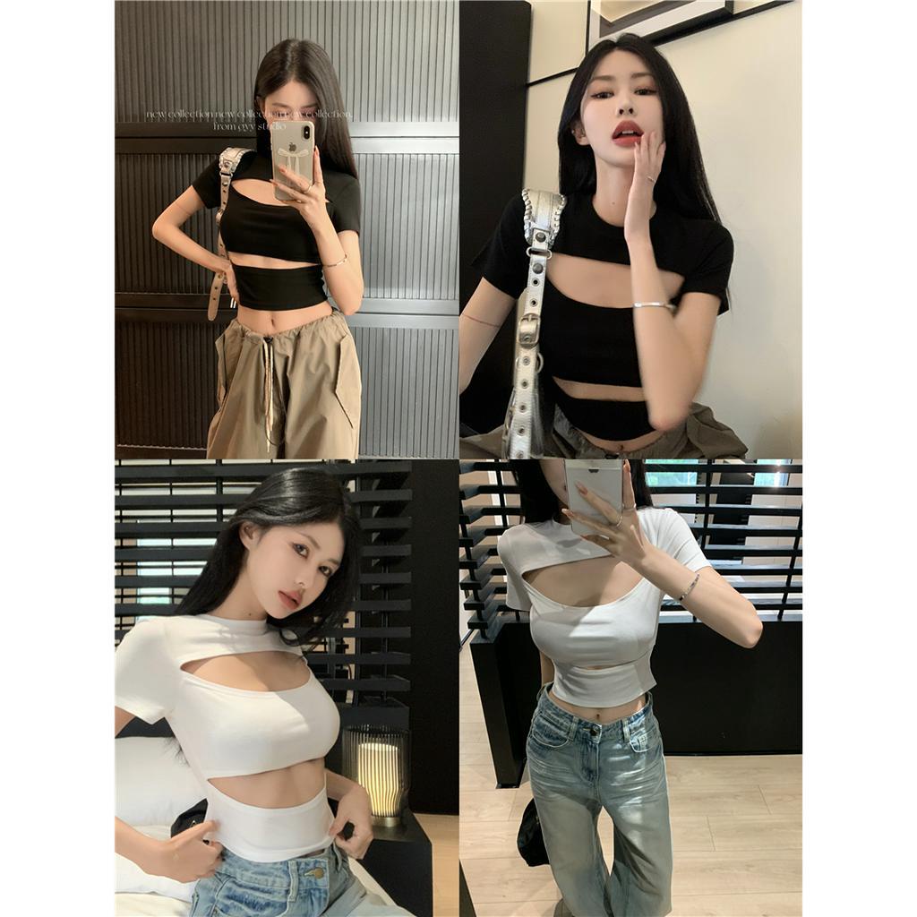 HUANG YOYO Áo Croptop Áo Lửng Ngắn Tay Phong Cách Quyến Rũ Thanh Lịch Dành Cho Nữ