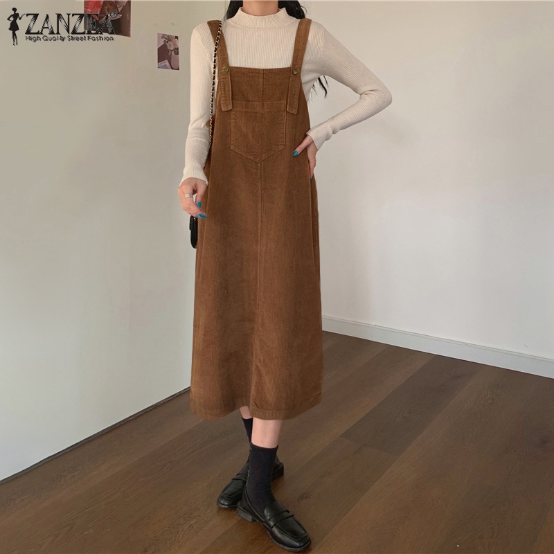 Yếm ZANZEA màu trơn dáng dài không tay cổ vuông vải nhung sọc nổi phong cách vintage thời trang dành cho nữ