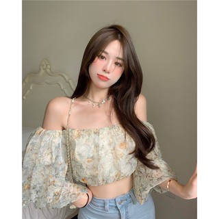 [Ảnh Thật ] Áo trễ vai croptop hoa mùa hè tiểu thư hàn quốc uzzlang