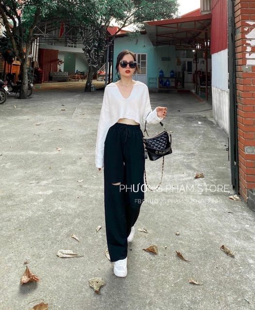 Áo croptop dệt kim tay dài cổ chữ V thời trang phong cách Hàn Quốc