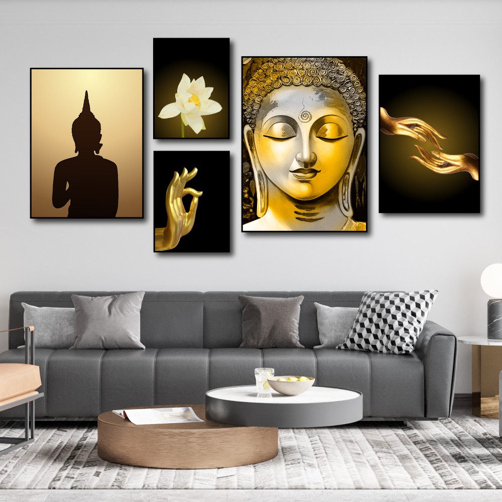 Tranh treo tường canvas Phật giáo tỉnh lặng decor trang trí phòng khách, phòng ngủ & cầu thang có khung cao cấp bộ 5 bức