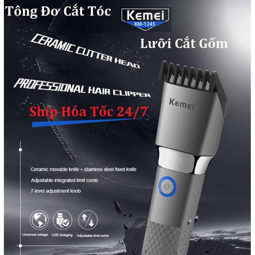 Tông Đơ Cắt Tóc không Dây Kemei Km 1245 - Lưỡi Cắt Gốm Siêu Bền Chống Gỉ Sét - Chống Nước - 7 Cữ Cắt Linh Hoạt - BH12T