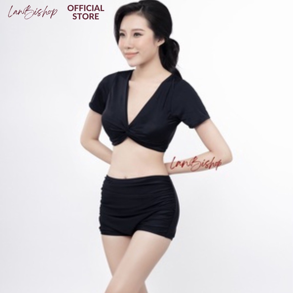 Đồ Bơi Nữ Bikini Đi 2 Mảnh Quần Đùi Cạp Cao Aó Crop Xoắn Ngực HM-005