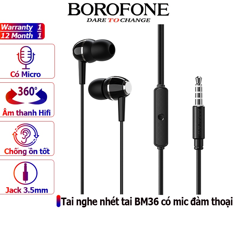 Tai nghe nhét tai BOROFONE BM36 chống ồn, nghe hay có mic đàm thoại, dây dài 1.2m - Chính hãng