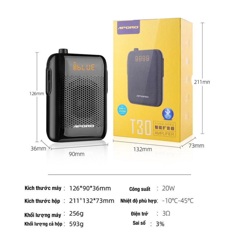 Máy trợ giảng không dây công suất cao APORO Apollo T30 UHF Bluethooth thế hệ mới