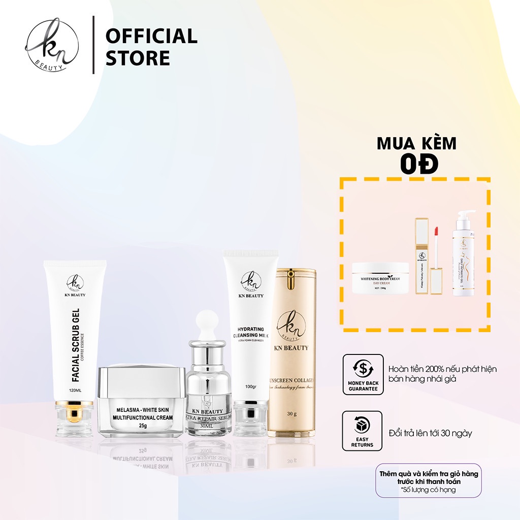 TRọn Bộ 5 sản phẩm Ngừa Nám Trắng Da KN Beauty Kem dưỡng + Serum + Sữa rửa mặt + Tẩy tế bào chết + kem chống nắng