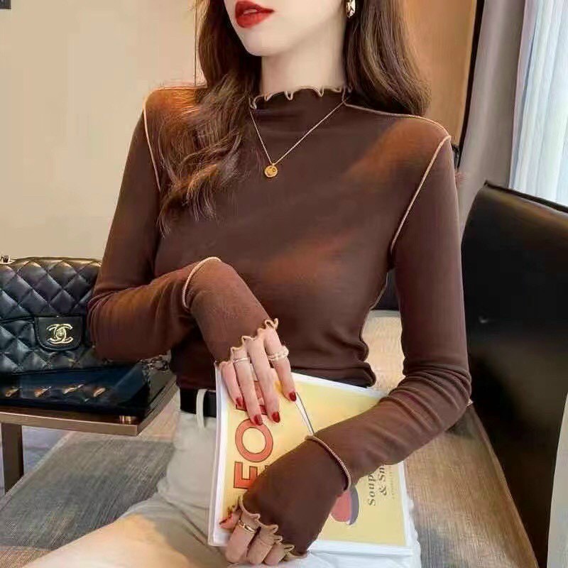 Áo giữ nhiệt nữ cổ và tay viền bèo , chất liệu co dãn, giữ ấm mùa đông